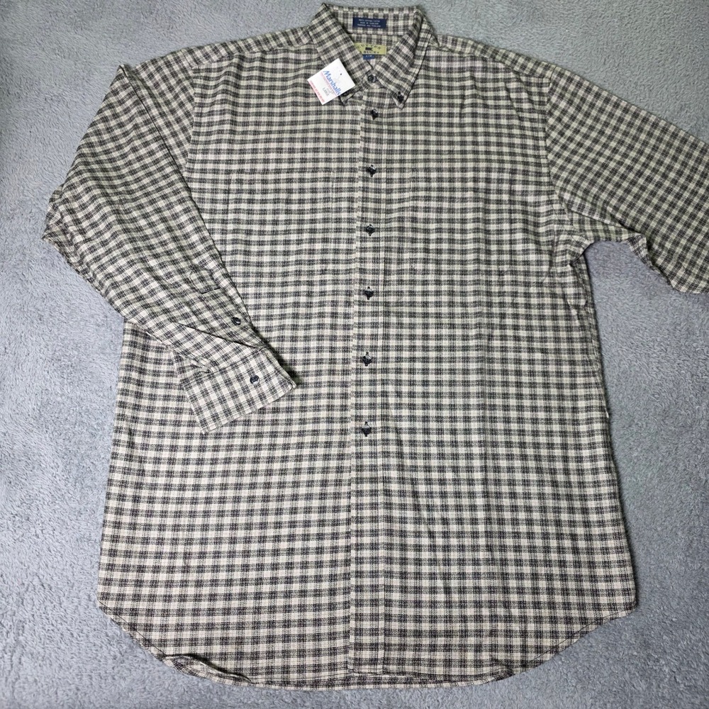 Cutter & Buck Mens Large Button Down Shirt Beige Black Plaid Cotton Long Sleeve